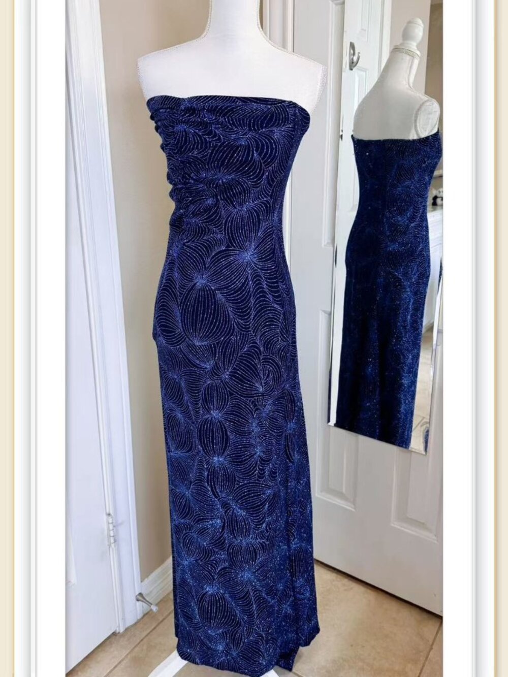 Blue strapless maxi gown with sparkling floral glitter pattern fit size 6
